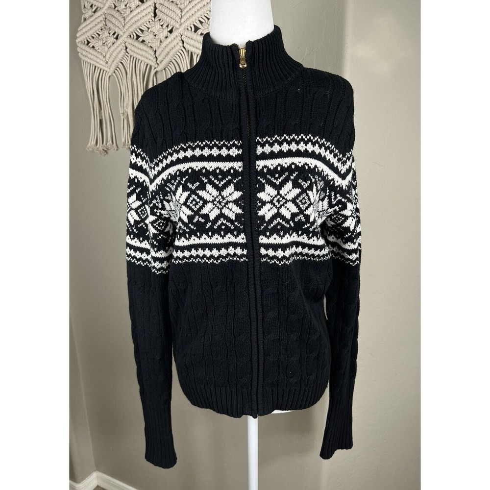 Ralph Lauren Women Cardigan Sweater Petite Medium Zip Cable Knit Black Beaded